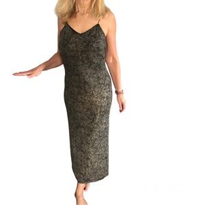 Laura black with muted print & gold sparkles evening gown skinny straps size 6 p